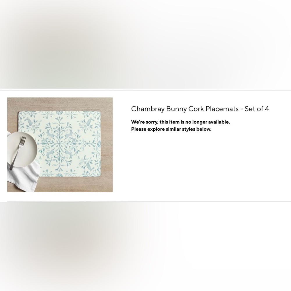 Pottery Barn Chambray Bunny Placemats NEW IN BOX set of 4